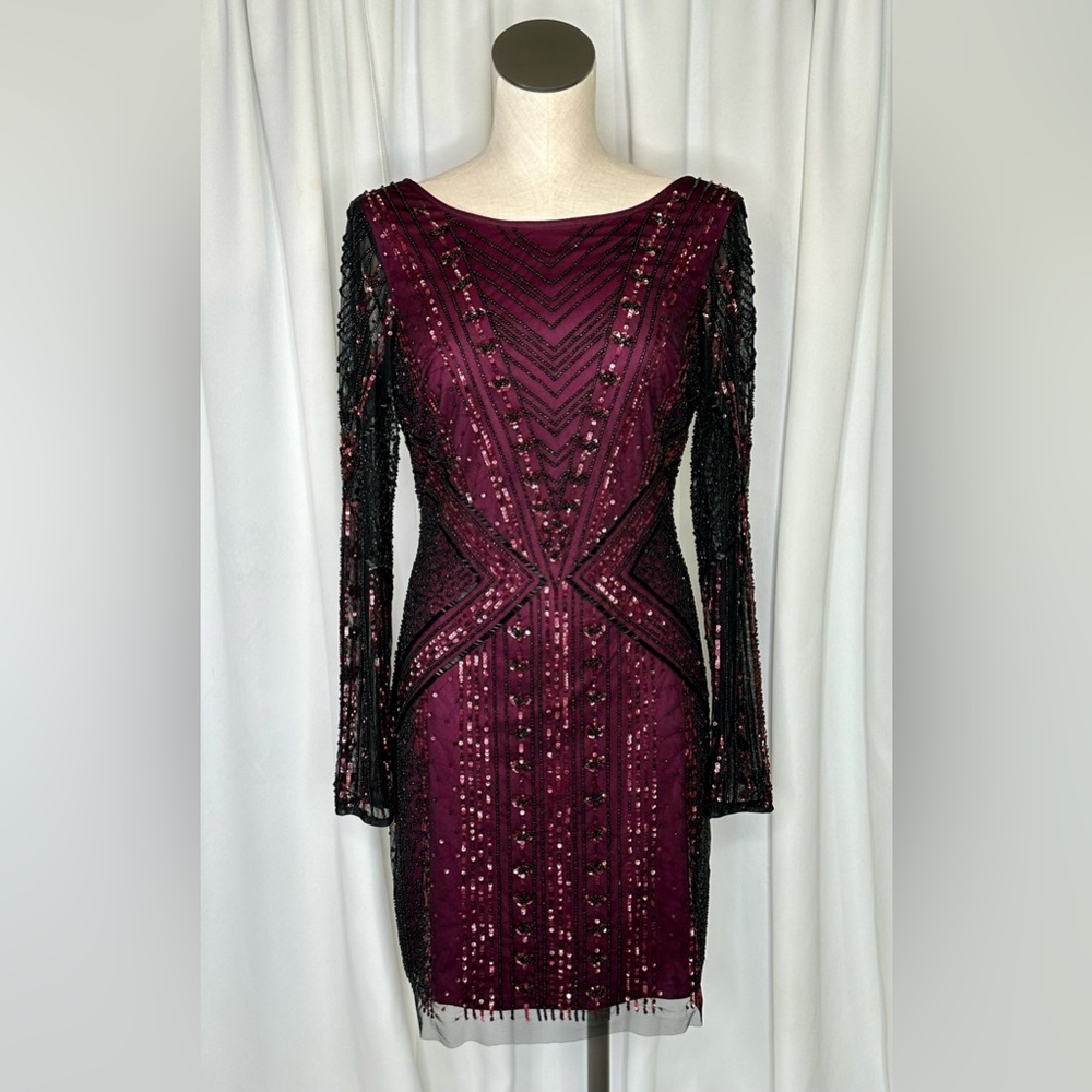 Beautiful hand beaded sequin cocktail formal prom dress maroon & black